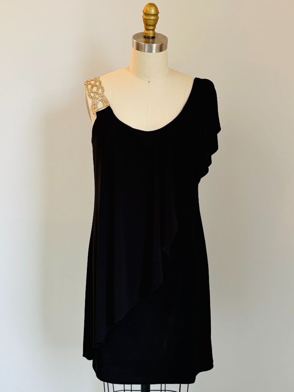 Betsy & Adam LBD, Shift Silhouette, Gold/ Rhinestone Statement Buckle Strap- 6
